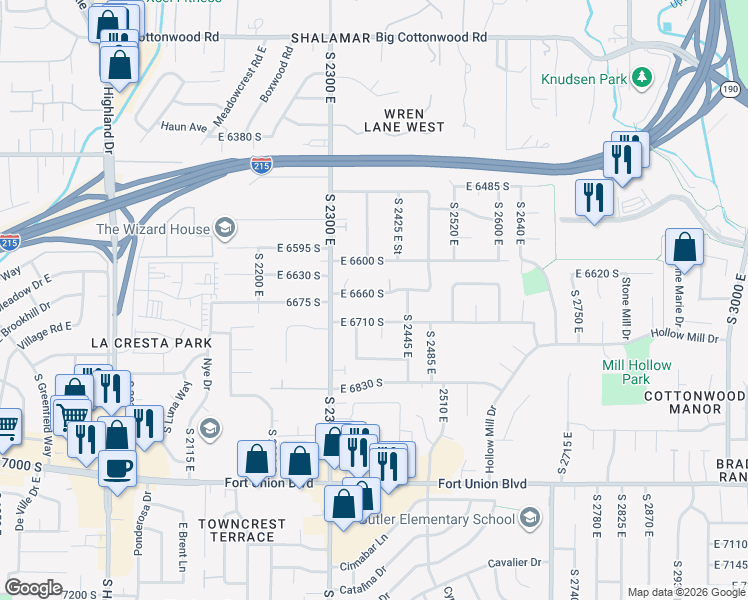 map of restaurants, bars, coffee shops, grocery stores, and more near 2380 East 6660 South in Salt Lake City
