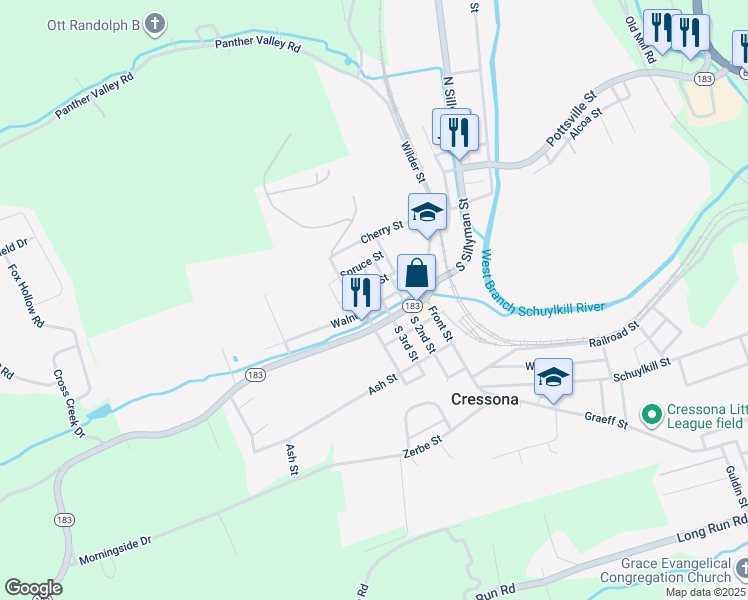 map of restaurants, bars, coffee shops, grocery stores, and more near 60 Walnut Street in Cressona