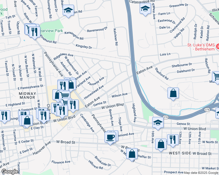 map of restaurants, bars, coffee shops, grocery stores, and more near 1869 Homestead Avenue in Bethlehem
