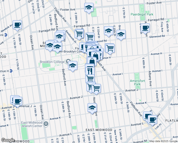 map of restaurants, bars, coffee shops, grocery stores, and more near 2233 Nostrand Avenue in Brooklyn