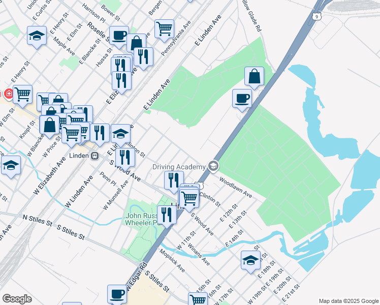 map of restaurants, bars, coffee shops, grocery stores, and more near 301 Commerce Road in Linden