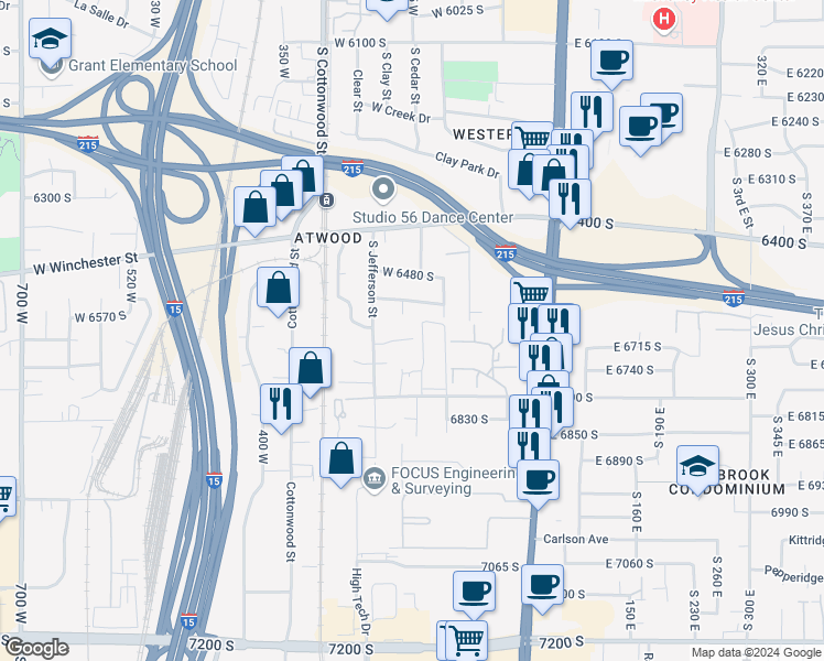 map of restaurants, bars, coffee shops, grocery stores, and more near 6561 South 130 West in Murray