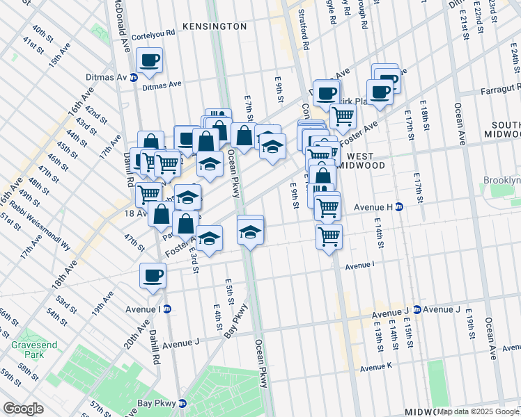 map of restaurants, bars, coffee shops, grocery stores, and more near 868 East 7th Street in Brooklyn