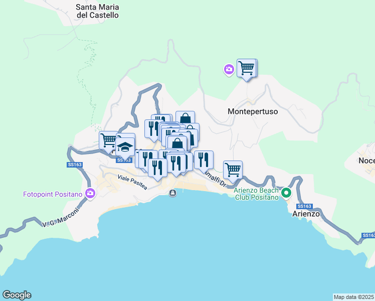 map of restaurants, bars, coffee shops, grocery stores, and more near 161 Via Guglielmo Marconi in Positano