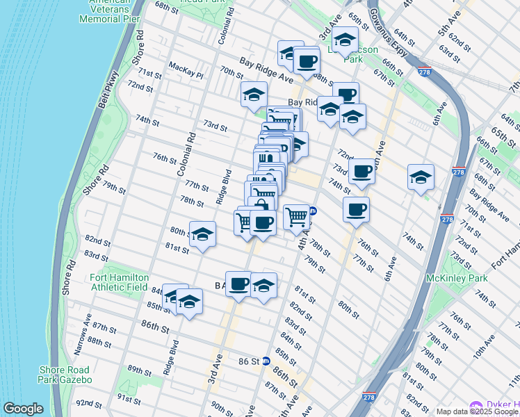 map of restaurants, bars, coffee shops, grocery stores, and more near 7605 3rd Avenue in Brooklyn