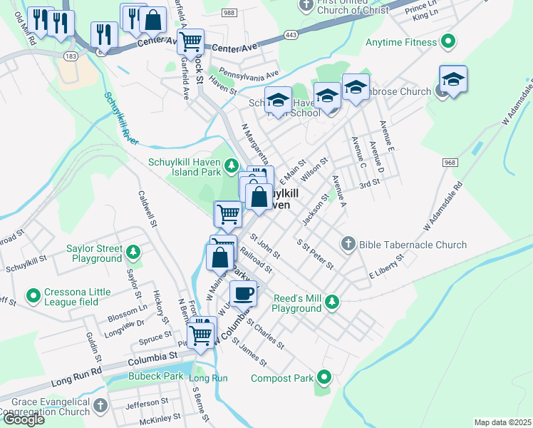 map of restaurants, bars, coffee shops, grocery stores, and more near in Schuylkill Haven