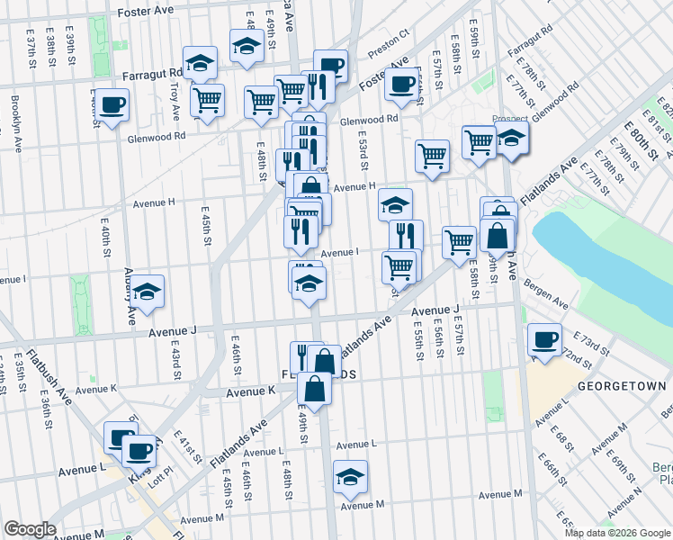 map of restaurants, bars, coffee shops, grocery stores, and more near 1275 East 51st Street in Brooklyn
