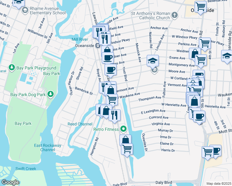 map of restaurants, bars, coffee shops, grocery stores, and more near 374 Vermont Avenue in Oceanside