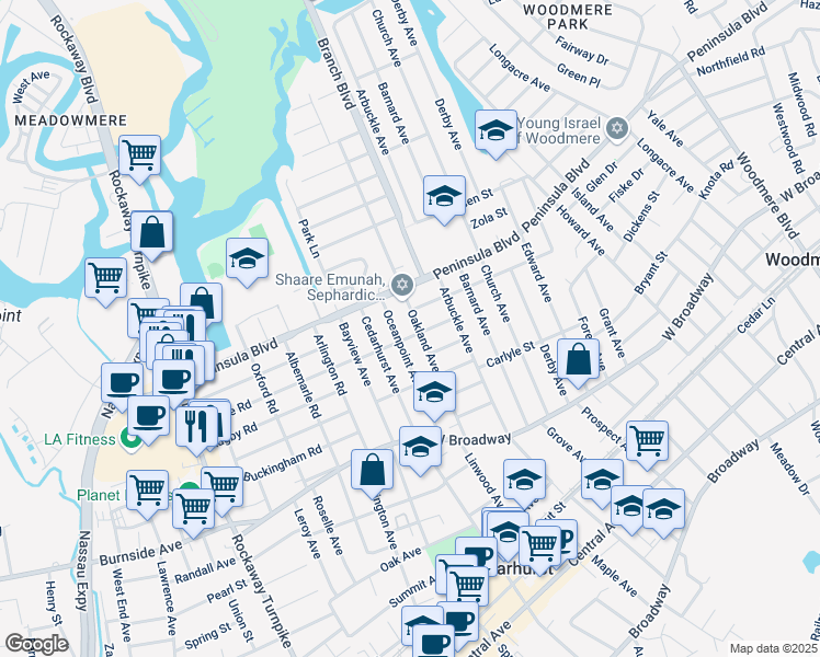 map of restaurants, bars, coffee shops, grocery stores, and more near 520 Oakland Avenue in Cedarhurst