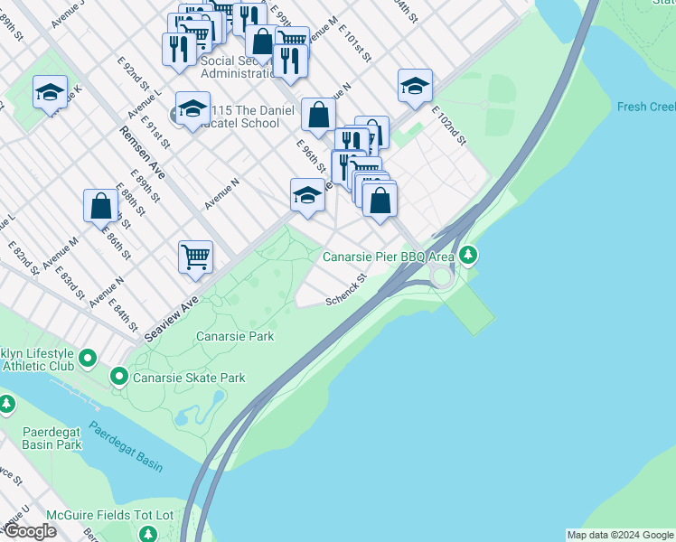 map of restaurants, bars, coffee shops, grocery stores, and more near 1771 East 93rd Street in Brooklyn