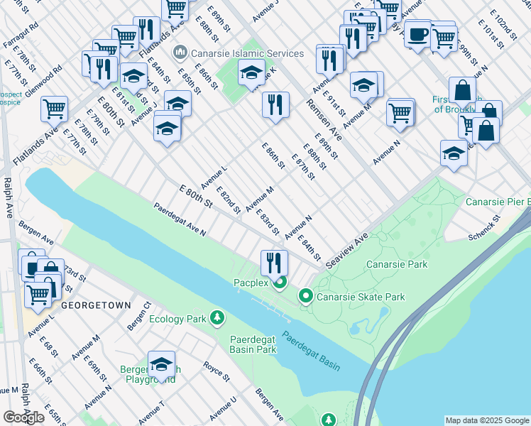 map of restaurants, bars, coffee shops, grocery stores, and more near 1301 East 83rd Street in Brooklyn