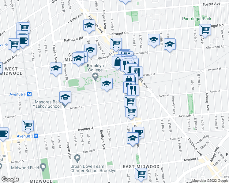 map of restaurants, bars, coffee shops, grocery stores, and more near 2900 Bedford Avenue in Brooklyn