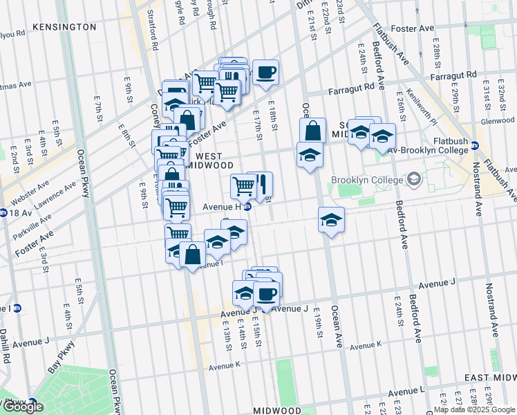 map of restaurants, bars, coffee shops, grocery stores, and more near 832 East 17th Street in Brooklyn