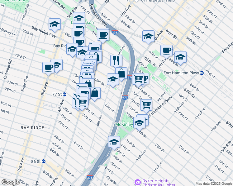 map of restaurants, bars, coffee shops, grocery stores, and more near 619 72nd Street in Brooklyn