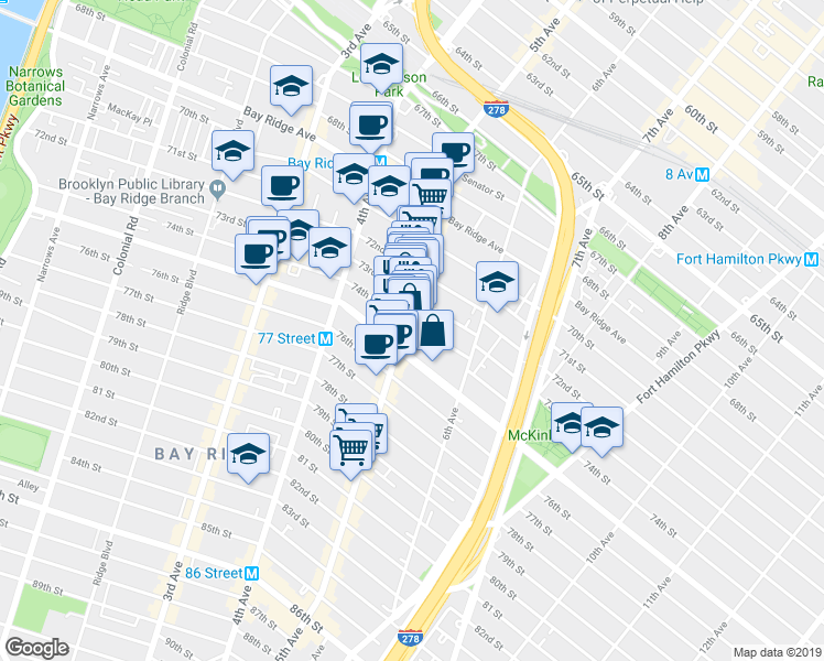 map of restaurants, bars, coffee shops, grocery stores, and more near 7402 5th Avenue in Brooklyn