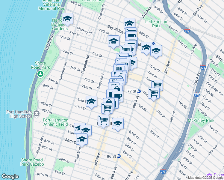 map of restaurants, bars, coffee shops, grocery stores, and more near 249 77th Street in Brooklyn