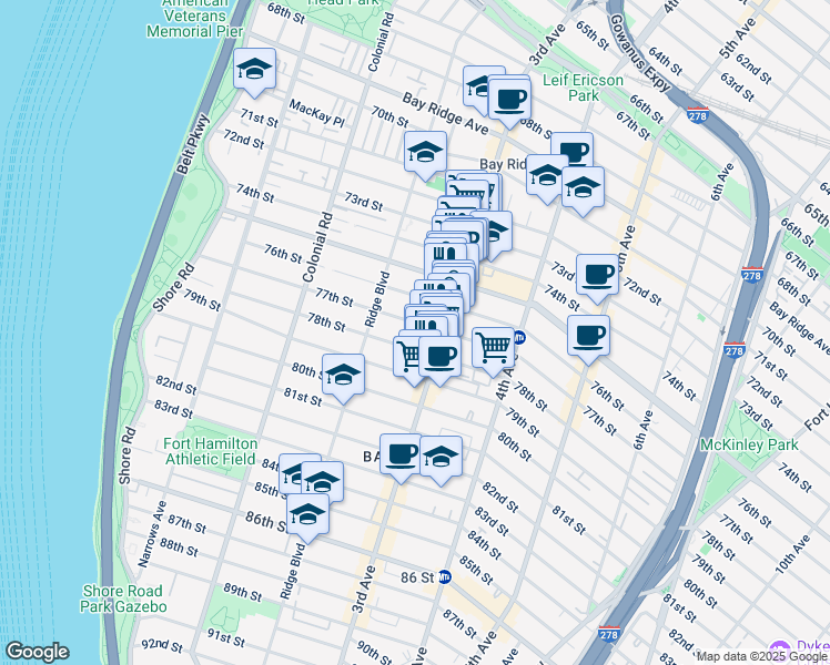 map of restaurants, bars, coffee shops, grocery stores, and more near 249 77th Street in Brooklyn