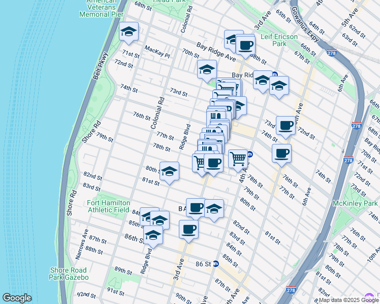 map of restaurants, bars, coffee shops, grocery stores, and more near 202 77th Street in Brooklyn