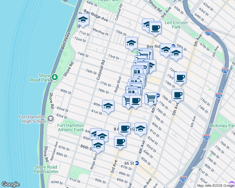 map of restaurants, bars, coffee shops, grocery stores, and more near 202 77th Street in Brooklyn