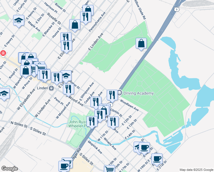 map of restaurants, bars, coffee shops, grocery stores, and more near 301 Commerce Road in Linden