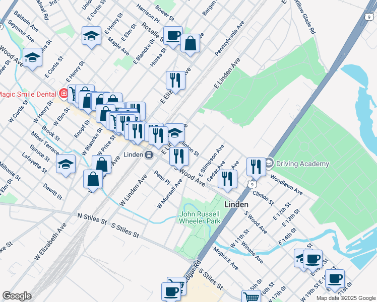 map of restaurants, bars, coffee shops, grocery stores, and more near 112 East Morris Avenue in Linden