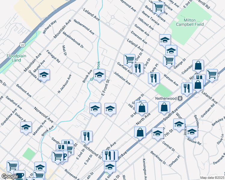map of restaurants, bars, coffee shops, grocery stores, and more near 853 East Front Street in Plainfield