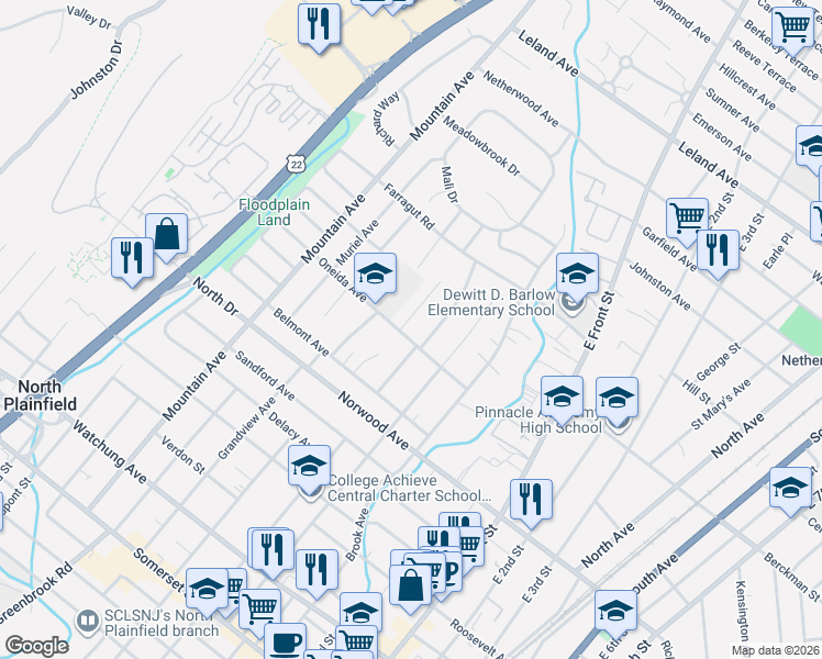map of restaurants, bars, coffee shops, grocery stores, and more near 236 Oneida Place in North Plainfield