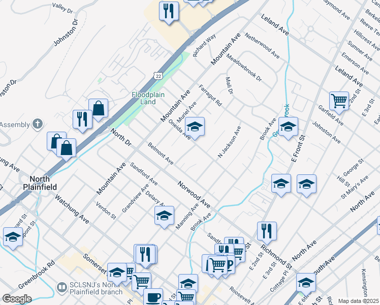 map of restaurants, bars, coffee shops, grocery stores, and more near 158 Oneida Avenue in North Plainfield