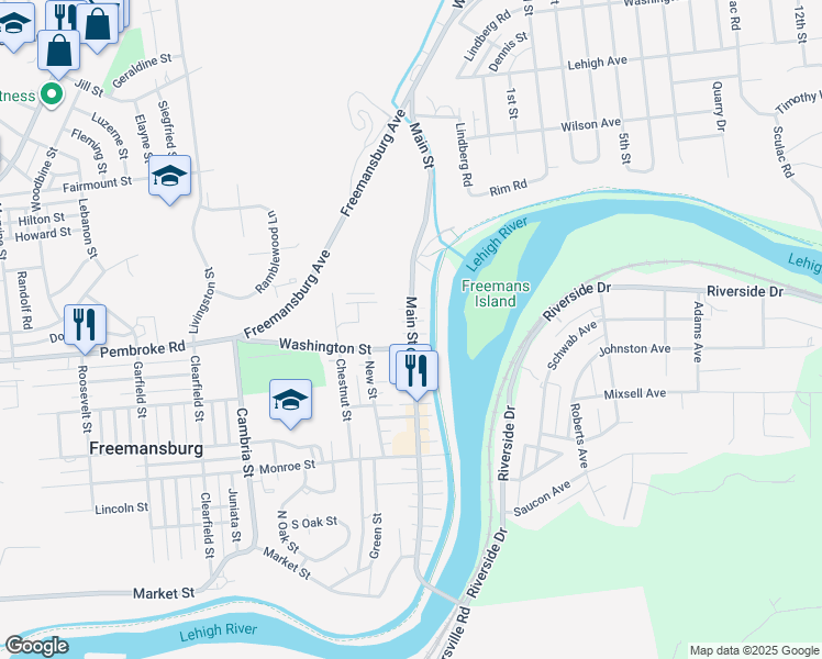 map of restaurants, bars, coffee shops, grocery stores, and more near 536 Main Street in Freemansburg