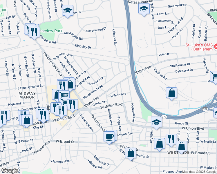 map of restaurants, bars, coffee shops, grocery stores, and more near 1869 Homestead Avenue in Bethlehem