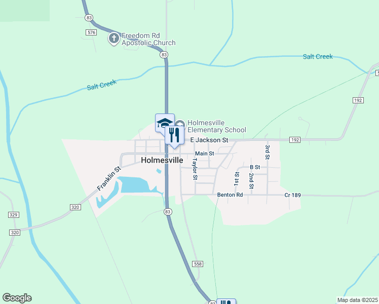 map of restaurants, bars, coffee shops, grocery stores, and more near 110 North Millersburg Street in Holmesville