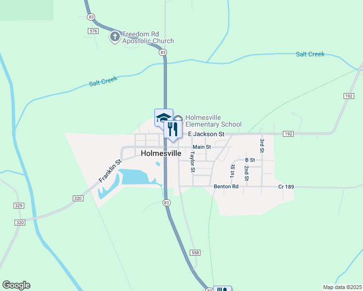 map of restaurants, bars, coffee shops, grocery stores, and more near 110 North Millersburg Street in Holmesville