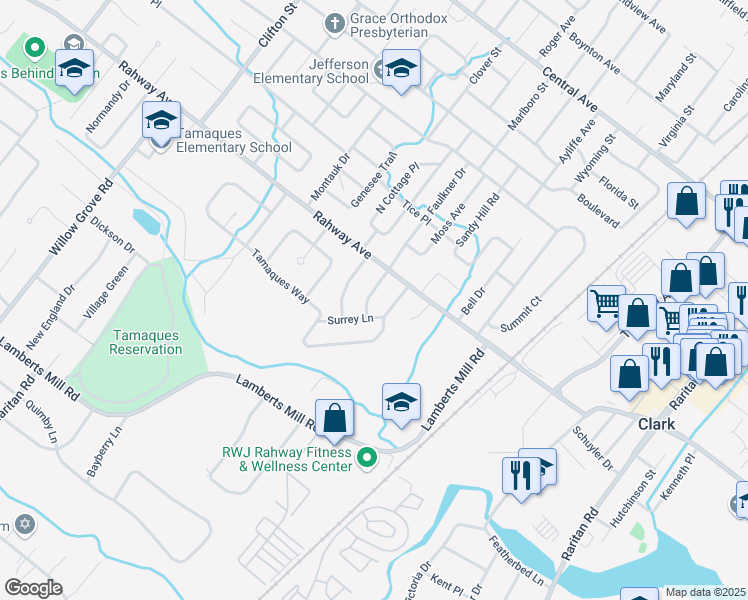 map of restaurants, bars, coffee shops, grocery stores, and more near 619 Leigh Drive in Westfield