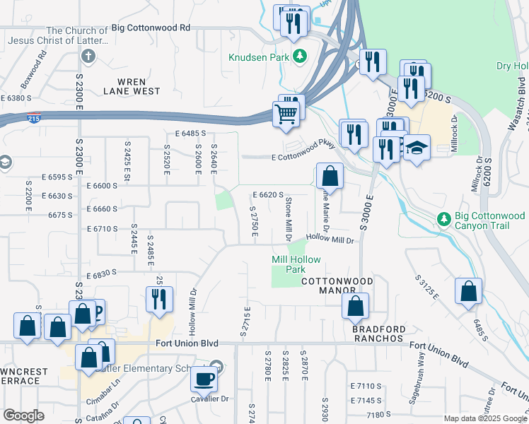 map of restaurants, bars, coffee shops, grocery stores, and more near 6658 South Caracol Cove in Salt Lake City