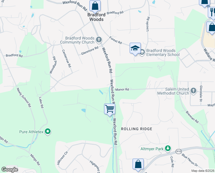 map of restaurants, bars, coffee shops, grocery stores, and more near 4792 Wexford Run Road in Bradford Woods