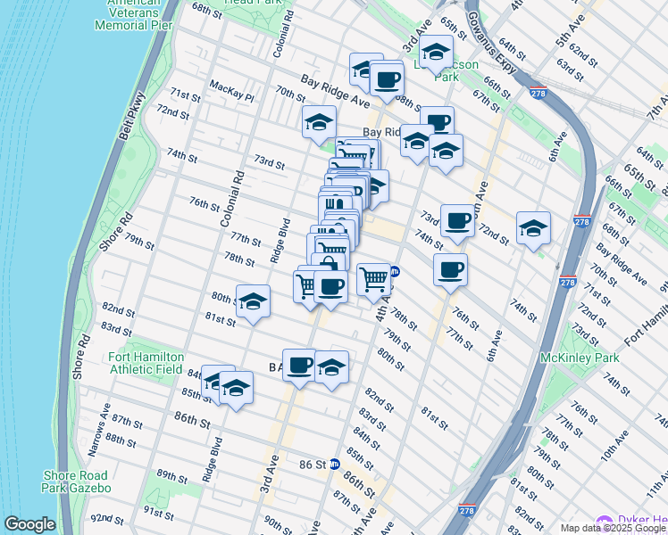 map of restaurants, bars, coffee shops, grocery stores, and more near 77th Street in Brooklyn