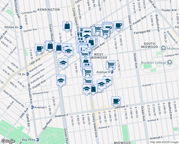 map of restaurants, bars, coffee shops, grocery stores, and more near 1106 Coney Island Avenue in Brooklyn