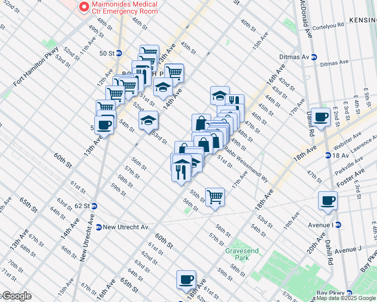 map of restaurants, bars, coffee shops, grocery stores, and more near 1515 52nd Street in Brooklyn