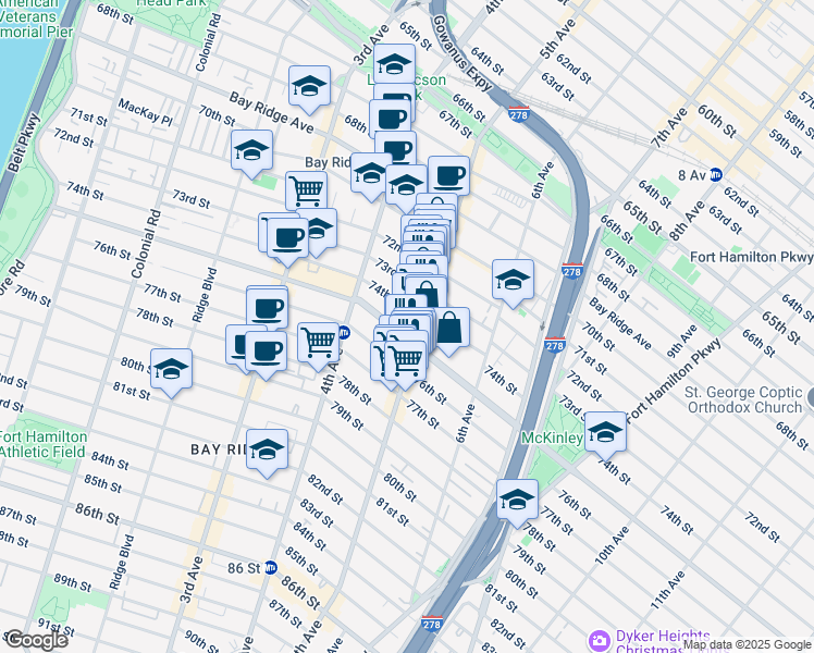 map of restaurants, bars, coffee shops, grocery stores, and more near 454 74th Street in Brooklyn