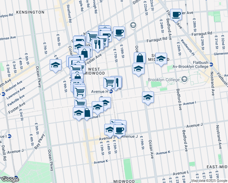 map of restaurants, bars, coffee shops, grocery stores, and more near East 16th Street & Avenue H in Brooklyn