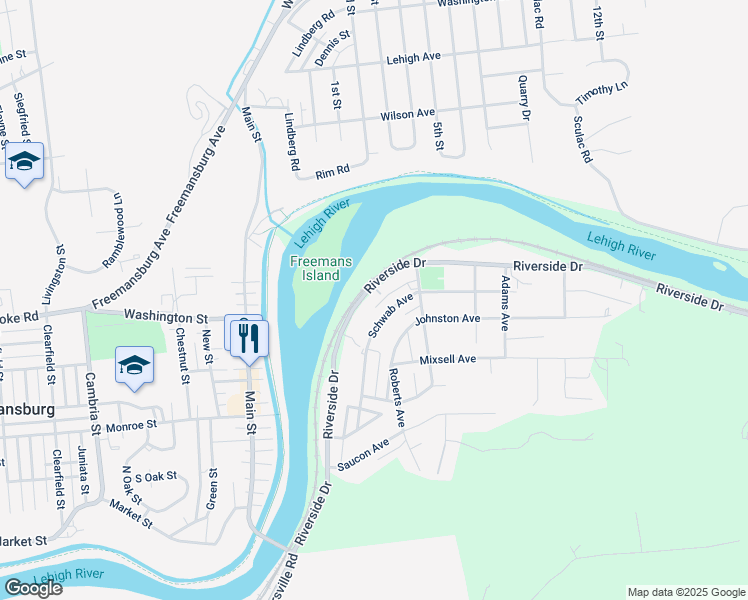 map of restaurants, bars, coffee shops, grocery stores, and more near 2090 Riverside Drive in Bethlehem