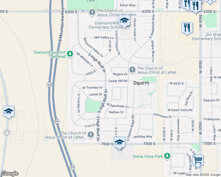 map of restaurants, bars, coffee shops, grocery stores, and more near 6660 Duchess Street in West Jordan