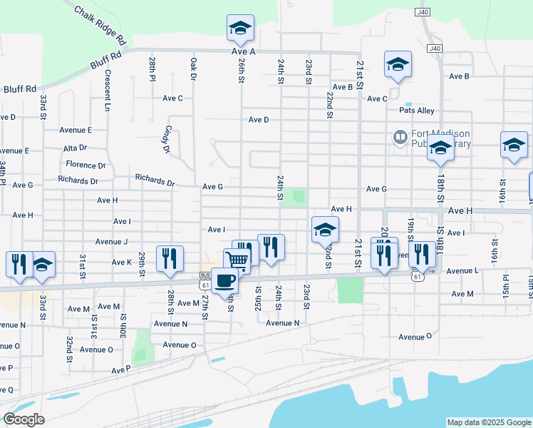 map of restaurants, bars, coffee shops, grocery stores, and more near 2423 Avenue H in Fort Madison