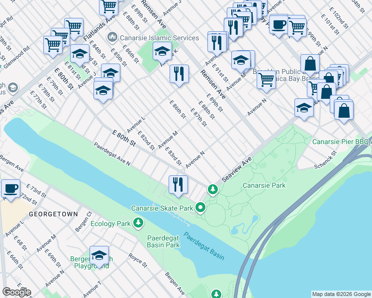 map of restaurants, bars, coffee shops, grocery stores, and more near 1332 East 85th Street in Brooklyn