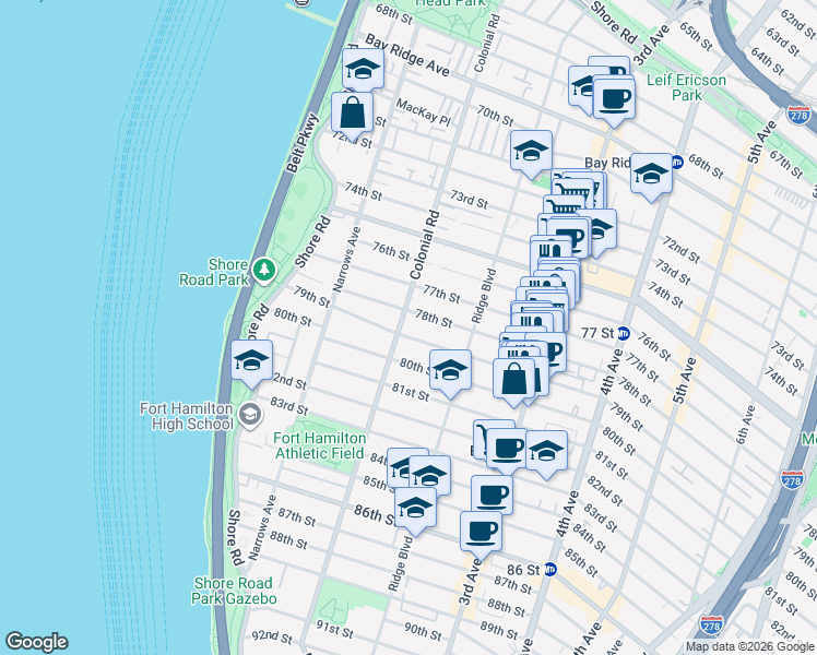map of restaurants, bars, coffee shops, grocery stores, and more near 7801 Colonial Road in Brooklyn