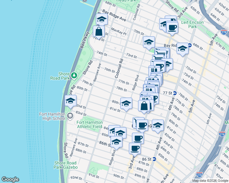 map of restaurants, bars, coffee shops, grocery stores, and more near 7801 Colonial Road in Brooklyn