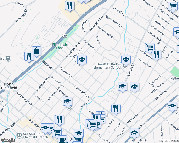 map of restaurants, bars, coffee shops, grocery stores, and more near 236 Oneida Place in North Plainfield