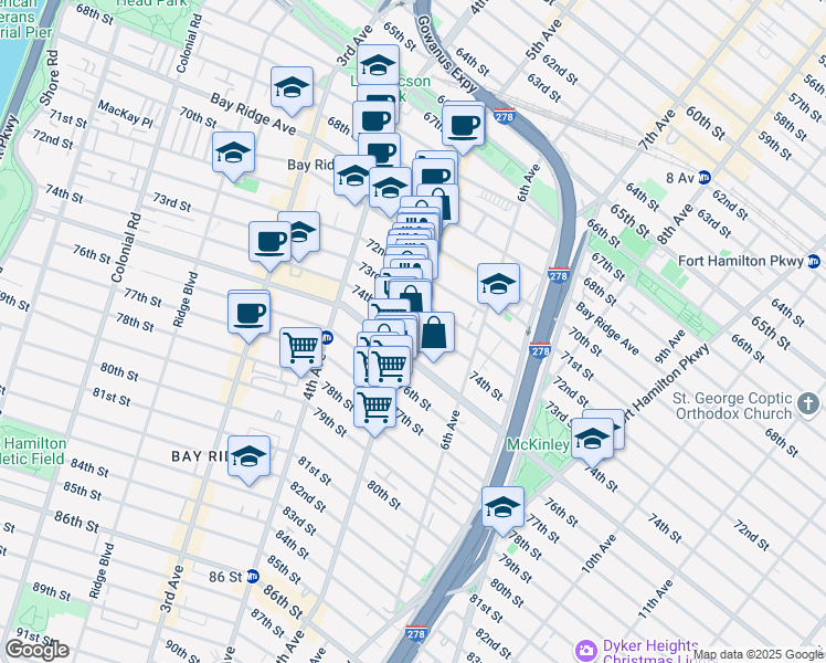 map of restaurants, bars, coffee shops, grocery stores, and more near 7405 5th Avenue in Brooklyn