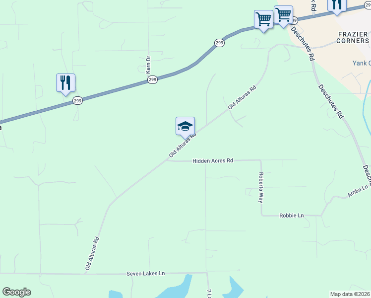 map of restaurants, bars, coffee shops, grocery stores, and more near 22100-22300 Old Alturas Road in Bella Vista