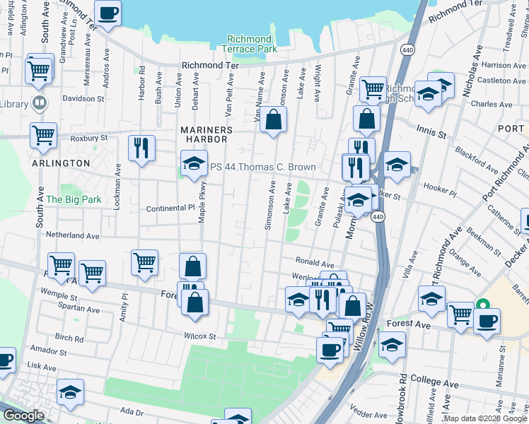 map of restaurants, bars, coffee shops, grocery stores, and more near 238 Simonson Avenue in Staten Island